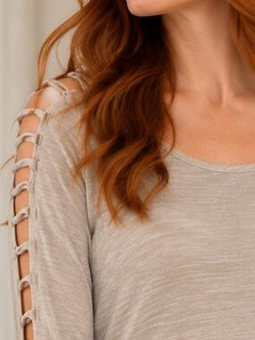 Tana + Bee Funky Shoulder Cut Outs Beige Silky Top